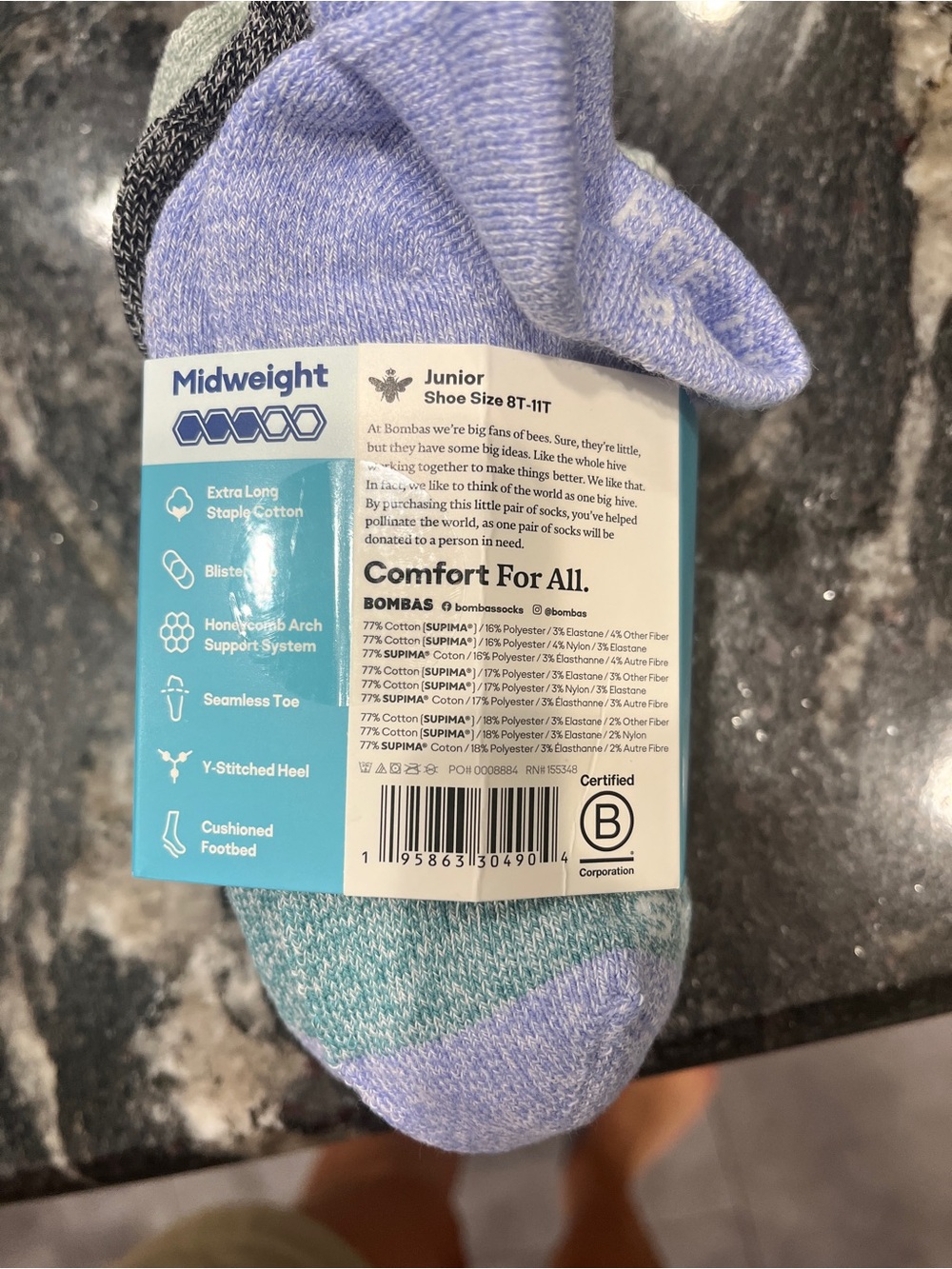 Bombas Midweight Junior Socks in Lavender and Teal with Gray Accents